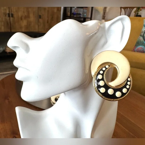 Vintage Enamel Black and Gold Polka Dot Earrings - Picture 1 of 8